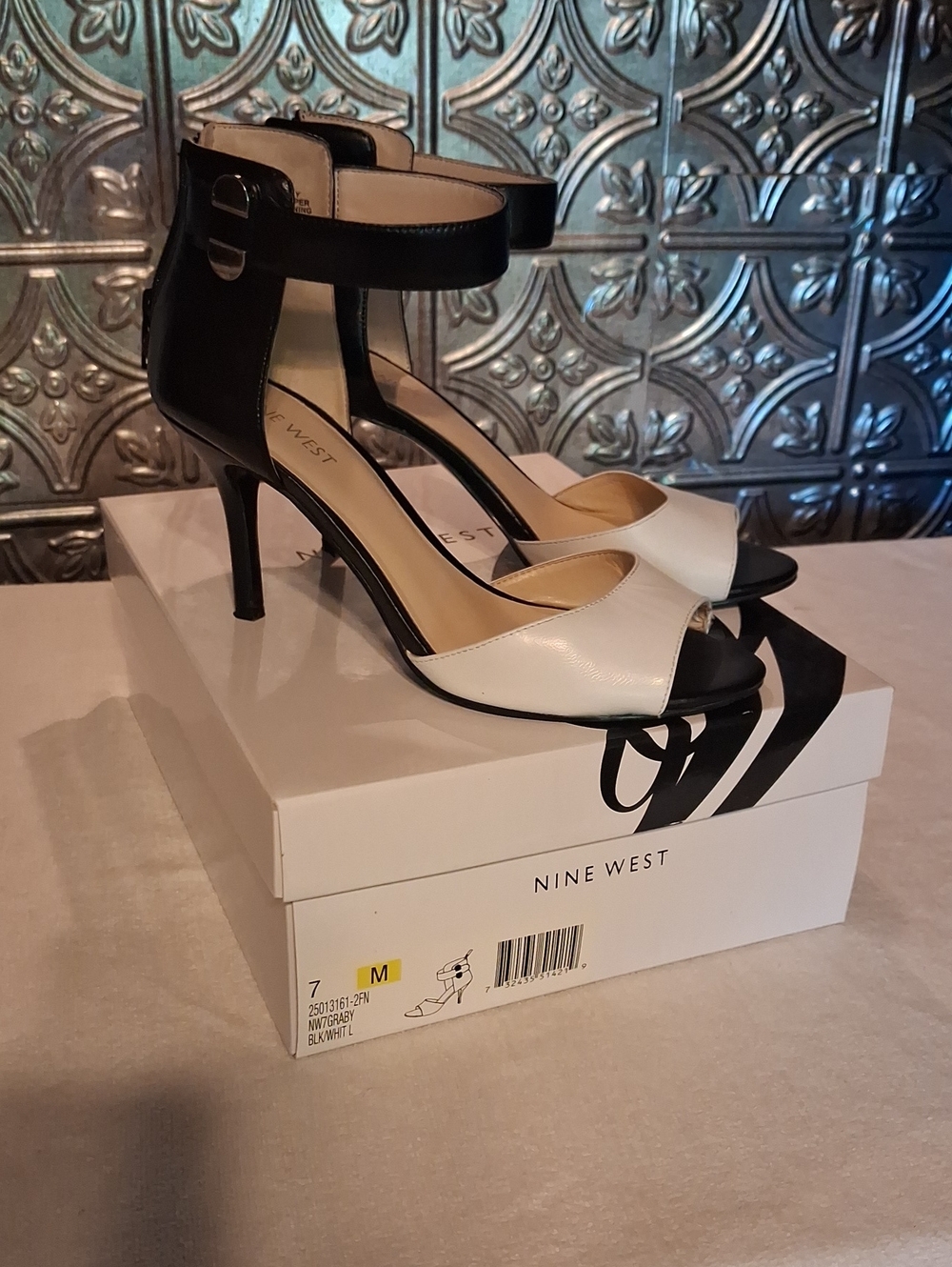 Nine West Black and White Ankle-Strap Peep-Toe Heels